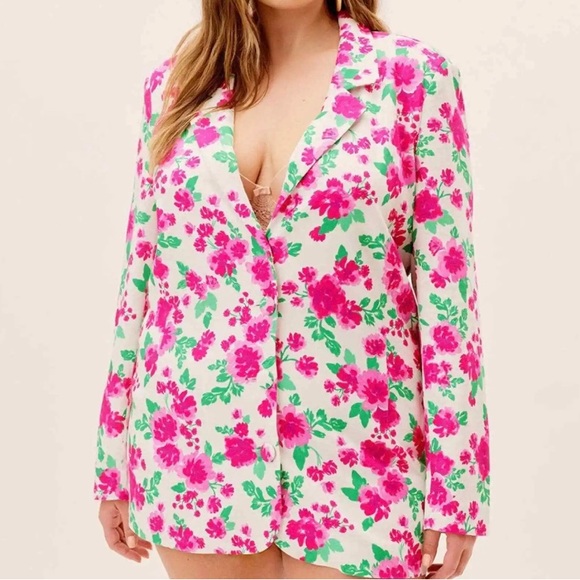 For Love & Lemons Tanner Boyfriend Linen Blend Blazer Floral Print Women Sz XL - Picture 4 of 11